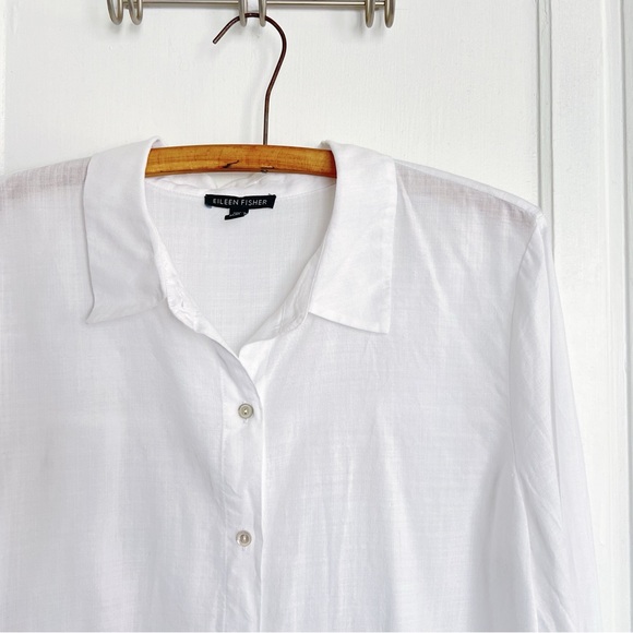 Eileen Fisher • white Classic Collar Shirt button down tunic Tencel hi low - Picture 4 of 14